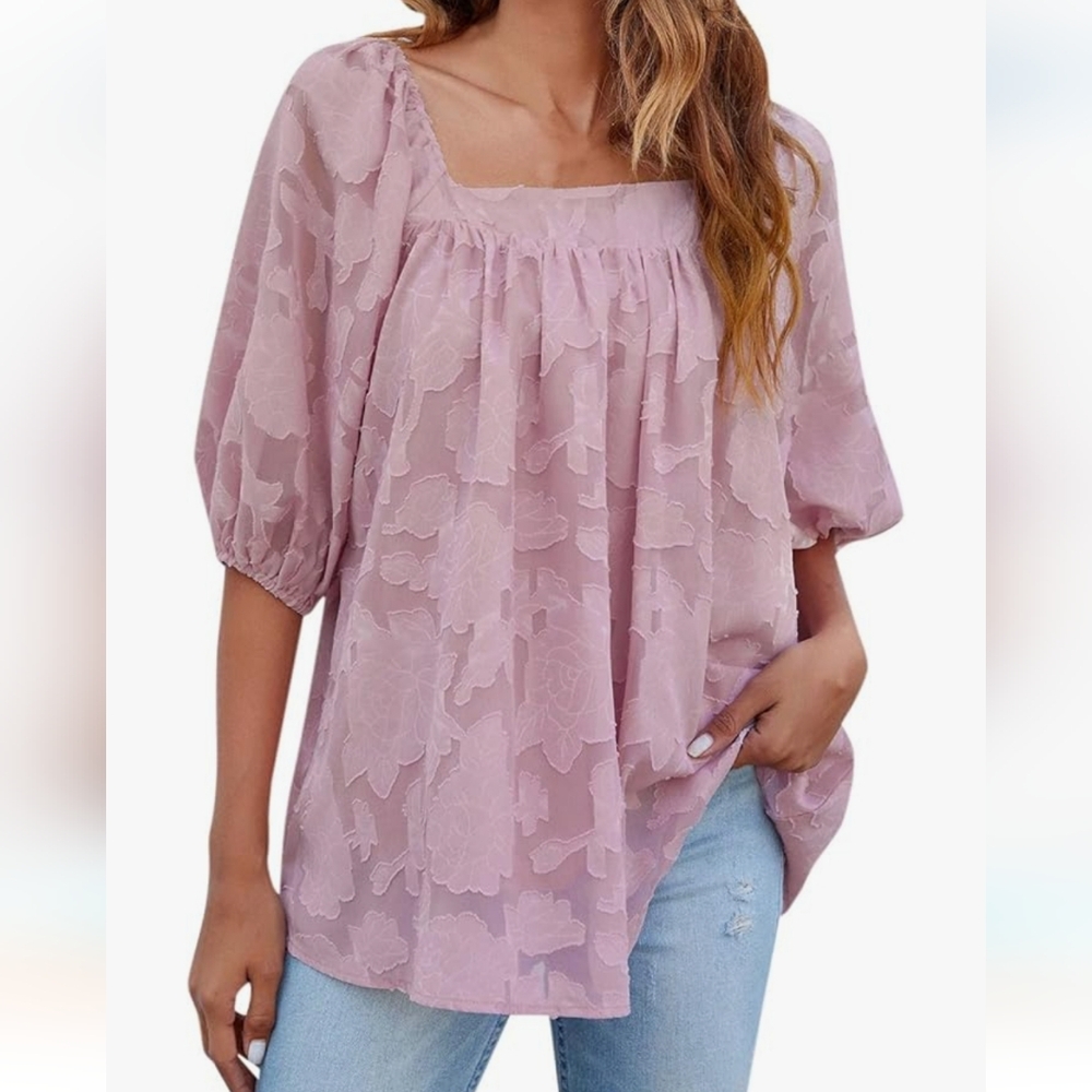 Women's Square Neck Ruffled Balloon Sleeve Loose Fit Flowy Floral Blouse - NWOT - Picture 2 of 6